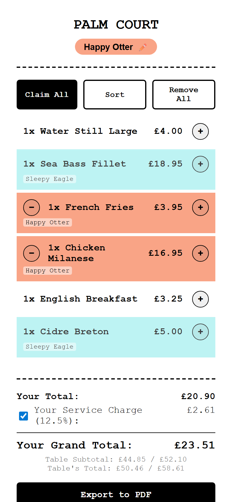Guest view after claiming several items with colour-coded names