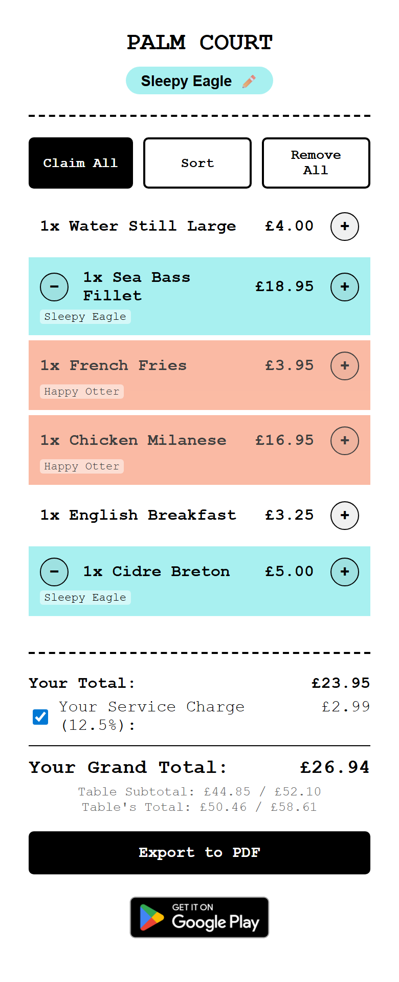 Full guest view showing the complete bill with all participants and their claimed items