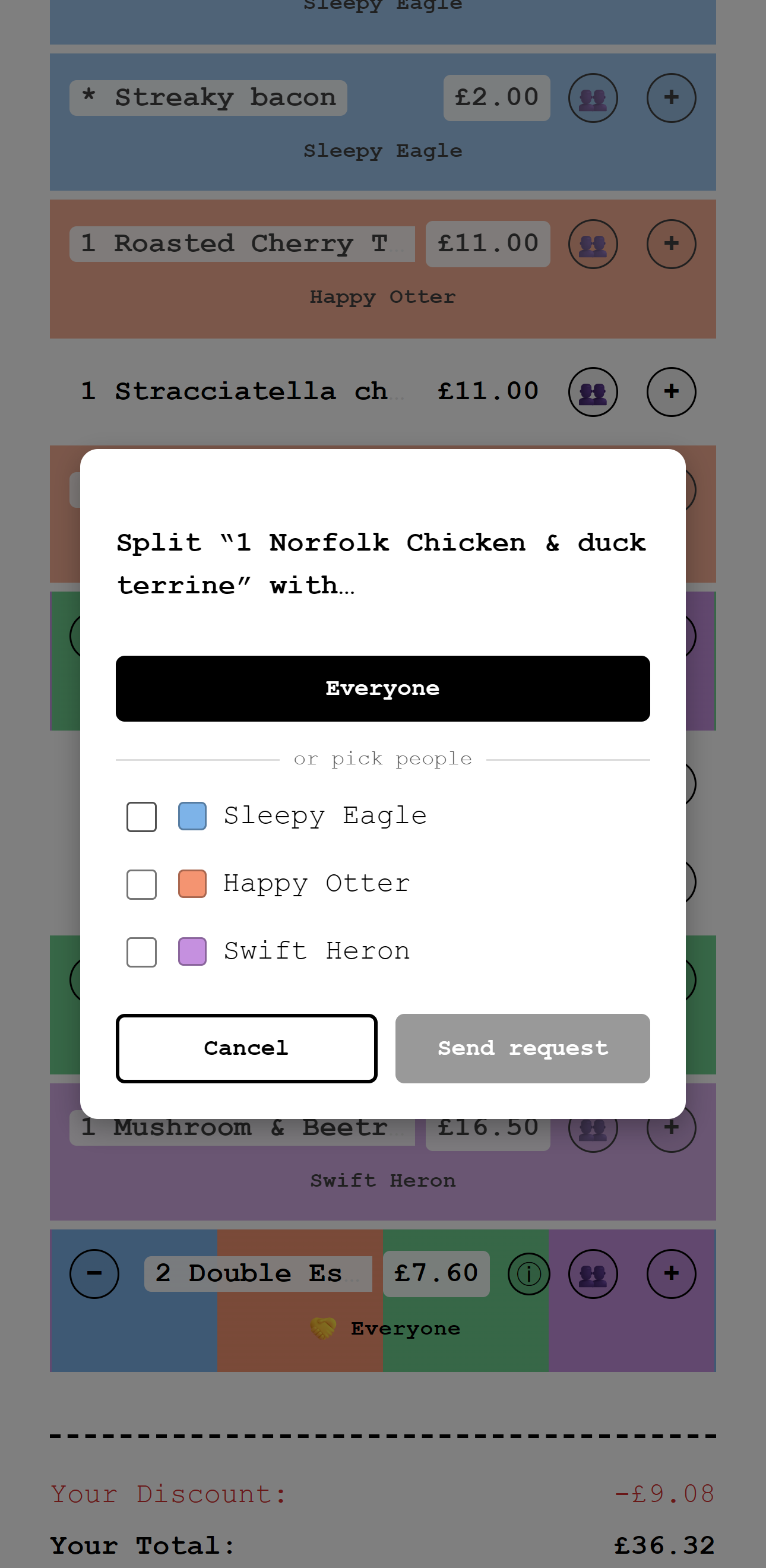 The sheet for splitting a dish with everyone or with chosen people