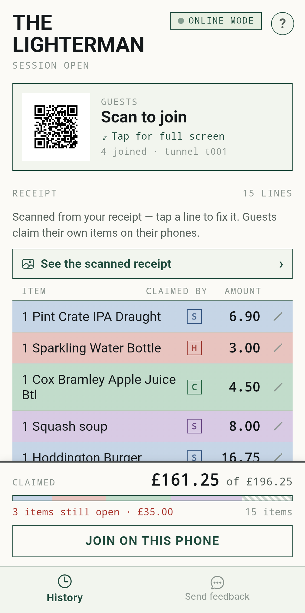 The host app showing a scanned receipt, a QR code to join, and each line claimed by a different guest