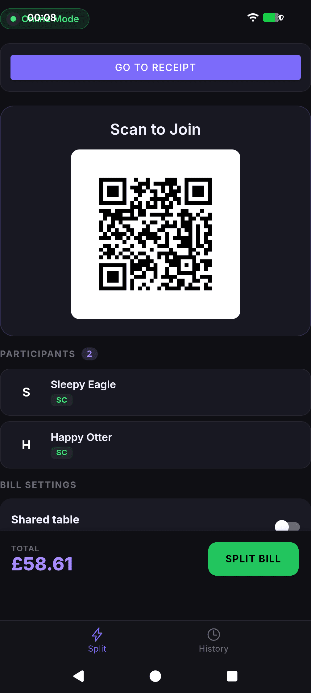 Zippity-Split host app showing scanned receipt with items and totals